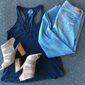 Navy tank top with crochet decoration